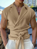 Mens Casual Textured Drawstring Design Sleeveless Cardigan SKUK65097