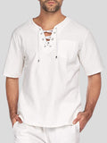 Mens Eyelet Drawstring Casual Short-sleeved Shirts SKUI90676