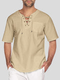 Mens Eyelet Drawstring Casual Short-sleeved Shirts SKUI90676